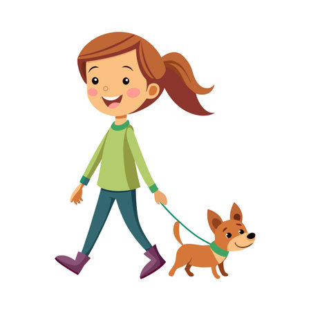 Cartoon girl walking with her dog on a leash, showing friendship and careのイラスト素材