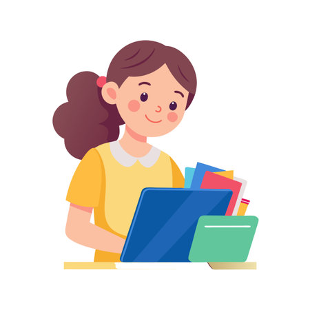 Young woman cartoon character working with blue laptop and colorful files on deskのイラスト素材