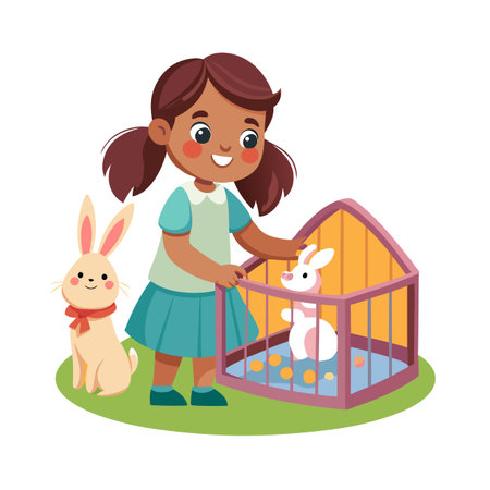 A young girl with her pet rabbits in a colorful and playful cartoon illustrationのイラスト素材