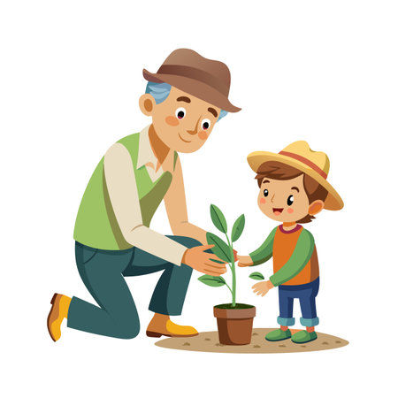 Grandfather and grandson tending a potted plant representing family bonding and teaching valuesのイラスト素材