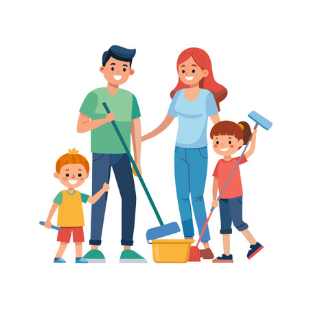 Happy family doing chores together smiling with cleaning equipment on a white backgroundのイラスト素材