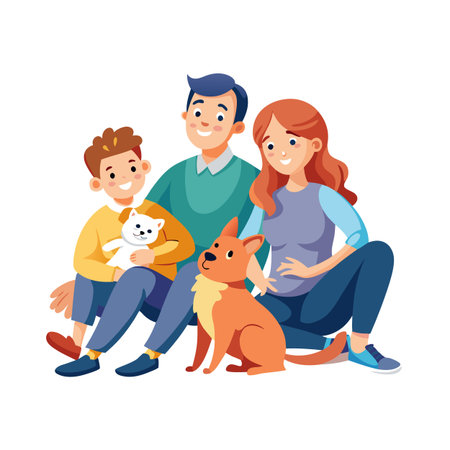 Happy family portrait with son holding a cat and dog sitting in front of themのイラスト素材