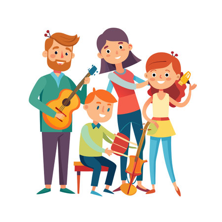 Family band playing musical instruments, having fun time and enjoying music session at homeのイラスト素材