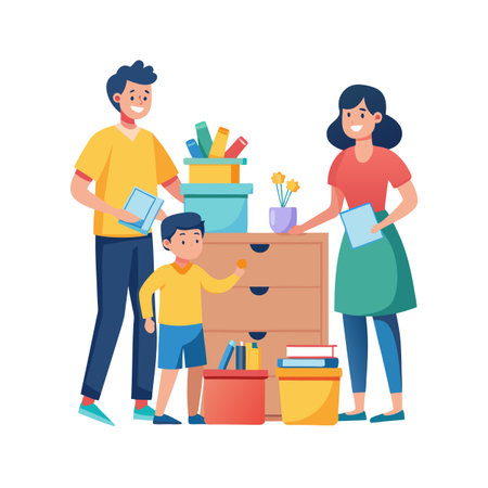 Happy family organizing and decluttering home with colorful bins and storage drawers illustrationのイラスト素材