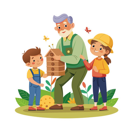 Grandfather shares beekeeping hobby with grandkids, promoting nature and family bonding through educational activityのイラスト素材