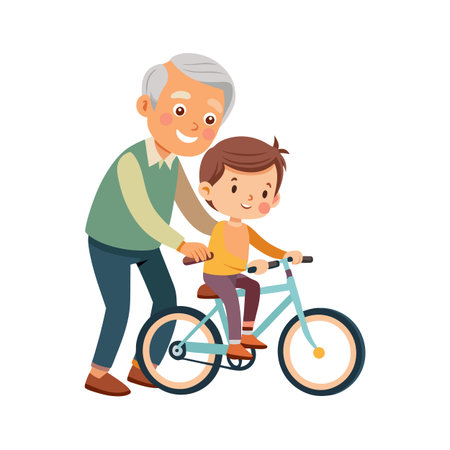 Grandfather helping grandson learn to ride a bicycle, promoting family bonds and intergenerational learningのイラスト素材