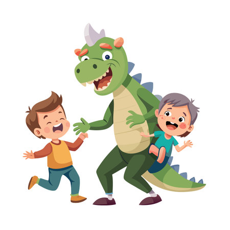 Cartoon dinosaur playing joyfully with two young boys in a light and playful sceneのイラスト素材