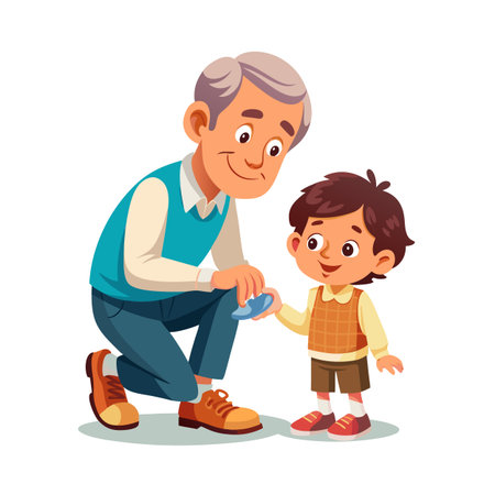 Cartoon illustration of grandfather and grandson looking at a blue stone on white backgroundのイラスト素材