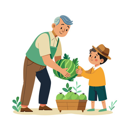 Grandfather and grandson harvesting fresh vegetables, fostering intergenerational connection in a vibrant agricultural sceneのイラスト素材