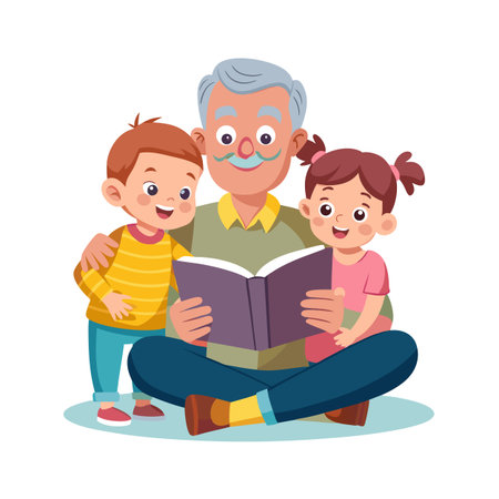 Grandfather reading a book to his grandchildren, a boy and a girl in a cartoon illustrationのイラスト素材