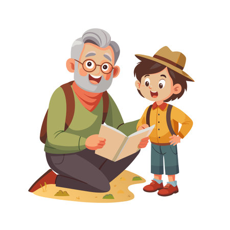 Grandfather and grandson using map together in a park enjoying outdoors travel and adventuresのイラスト素材