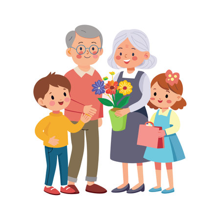 Grandparents with grandchildren holding flowers and gifts celebrating special occasions in a flat illustrationのイラスト素材