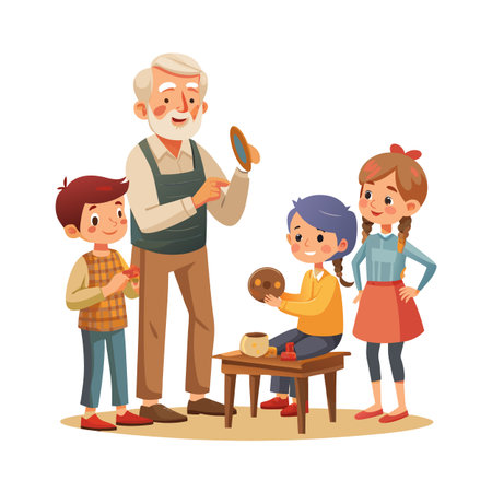 Grandfather teaching pottery making to his grandchildren using clay and tools, indoor activityのイラスト素材