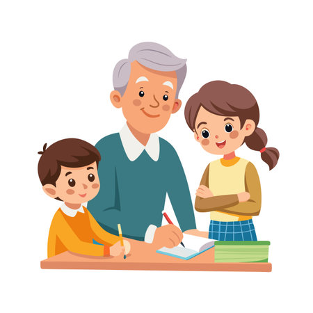 Cartoon illustration of grandfather helping grandchildren with homework and studies on a white backgroundのイラスト素材