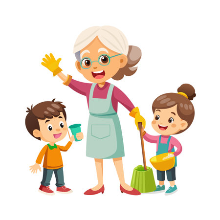 Grandmother with grandchildren cleaning house together, illustration of family teamwork and assistance conceptのイラスト素材
