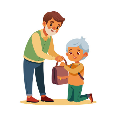 Grandfather giving a satchel to his grandson who is kneeling and smiling warmly illustrationのイラスト素材