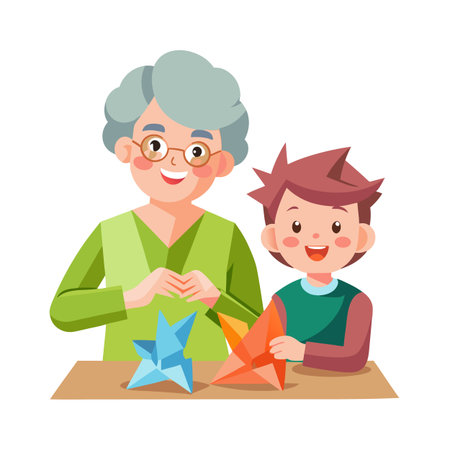 Grandmother and Grandson Crafting Origami: A Generational Bonding Activity Focusing on Fine Motor Skills and Creativityのイラスト素材