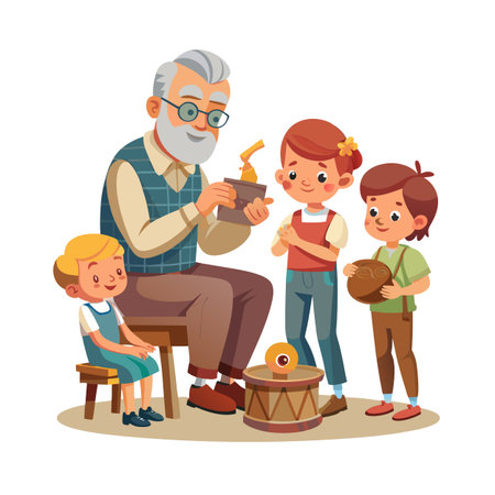 Grandfather Sharing his Craftsmanship with Grandchildren and Teaching Wooden Toy Making Skills to Next Generationのイラスト素材