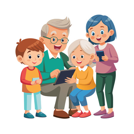 Happy multigenerational family using digital devices together with grandparents and children on white backgroundのイラスト素材