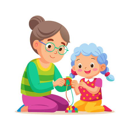 Grandmother and Granddaughter bonding over a stringing beads activity, creating colorful jewelryのイラスト素材