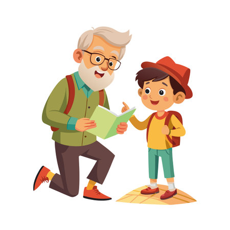 Grandfather reading a book with his grandson wearing a backpack, family bonding timeのイラスト素材