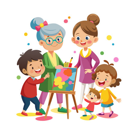 Grandmother and Mother Teaching Children Painting Colorful Picture Together on Canvas, Joyful Creative Activityのイラスト素材