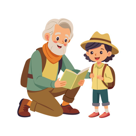 Grandfather and grandchild exploring nature together reading a map outdoors during a hikeのイラスト素材