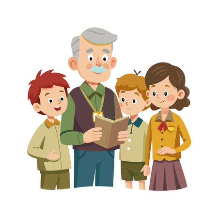 Grandfather reads aloud to eager children in a cute cartoon illustration scene, fostering a love for storytellingのイラスト素材