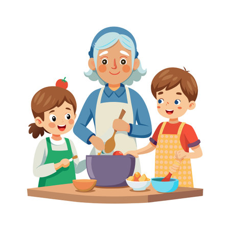 Grandmother and Grandchildren Baking Together Cartoon Illustration on White Background for Stock Photographyのイラスト素材