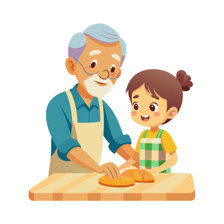 Grandfather and granddaughter baking together having fun illustrating family bonding and passing on traditionsのイラスト素材