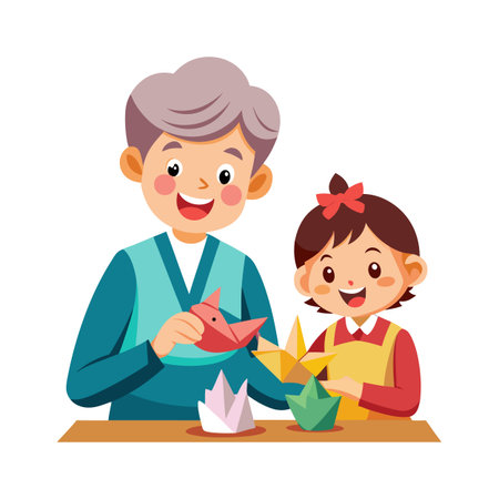 Grandparent and child creating origami paper birds together in a heartwarming flat design settingのイラスト素材