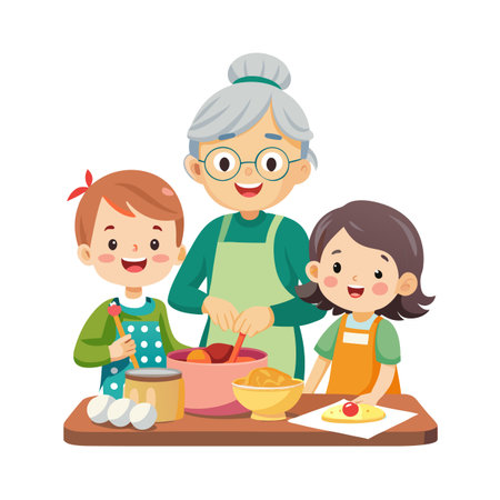 Grandmother and grandchildren baking together in kitchen cartoon illustration family fun timeのイラスト素材