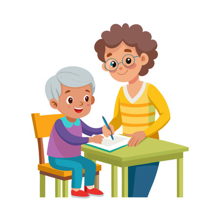 Caring Helper Assisting Senior with Writing at Table in Brightly Colored Flat Illustrationのイラスト素材