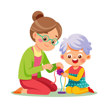 Cartoon Woman and Child Playing with Toy, Nurturing Development and Educational Growthのイラスト素材