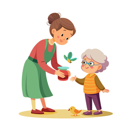 Sharing Sweetness: Cartoon Illustration of Woman Offering Jar to Child with Bird and Butterflyのイラスト素材