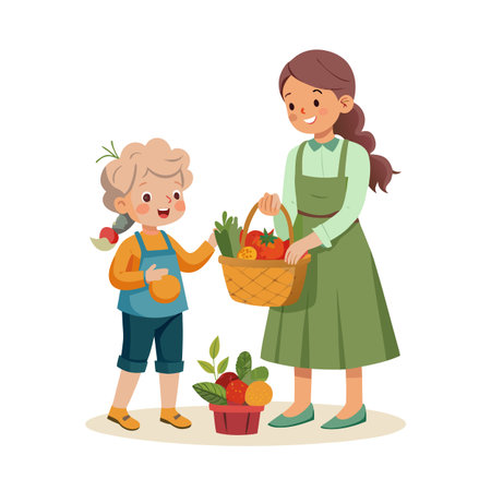 Mother and child harvesting fresh produce, a charming vector illustration of healthy livingのイラスト素材