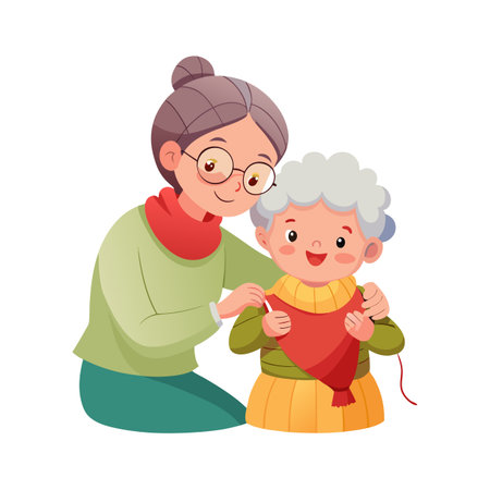 Grandmother and grandchild knitting red scarf together with love in warm pastel colorsのイラスト素材