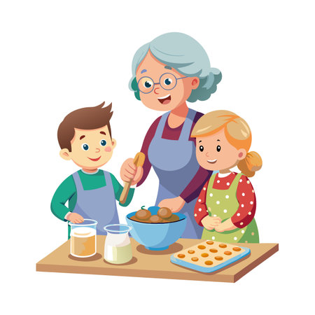 Grandmother baking cookies with grandchildren, enjoying family time together in a flat cartoon style illustrationのイラスト素材
