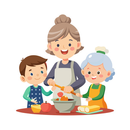 Family Baking Together: Grandmother, Mother and Child Enjoying Baking Cookies in the Kitchenのイラスト素材