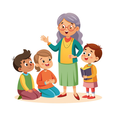 Cartoon teacher and children in classroom illustration, cheerful learning environment for kidsのイラスト素材