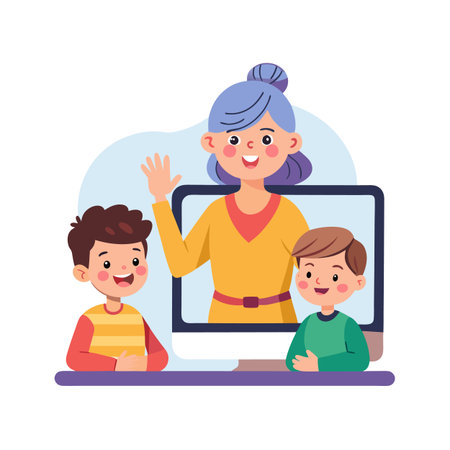 Teacher waving from computer screen during online class with two cheerful young studentsのイラスト素材