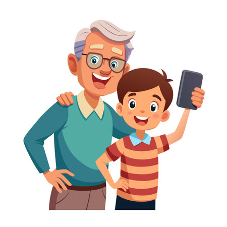 Grandfather and Grandson taking a Selfie Together showcasing Generational Bond and Modern Technologyのイラスト素材