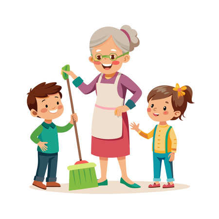 Grandmother with Grandkids Cleaning Together: A cheerful illustration of family, teamwork and intergenerational bondingのイラスト素材