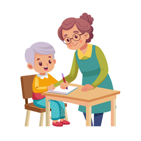 Child learning with tutor at table in a colorful illustration with study conceptのイラスト素材