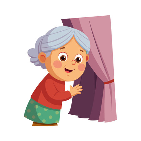 Grandma Peeking Behind Purple Curtain Character Illustration, flat design with friendly expression, and whimsical aestheticのイラスト素材