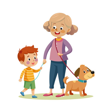 Cartoon Illustration of a Woman and Child Walking Their Dog on a White Backgroundのイラスト素材