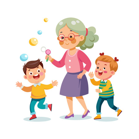 Cartoon grandmother and children playing with soap bubbles happily with a bubble wand, isolatedのイラスト素材