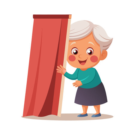 Cartoon Granny Peeking Behind a Red Curtain with Smiling Expression on White Backgroundのイラスト素材
