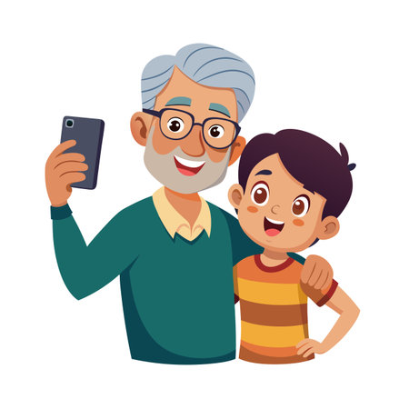 Cartoon grandfather taking a selfie with his grandson in a heartwarming illustration.のイラスト素材