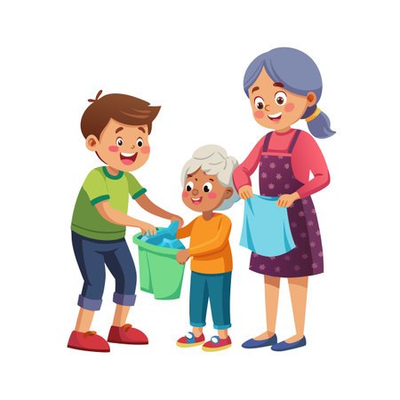 Cartoon family helping elderly woman with laundry with vibrant cartoon illustration style and family assistanceのイラスト素材